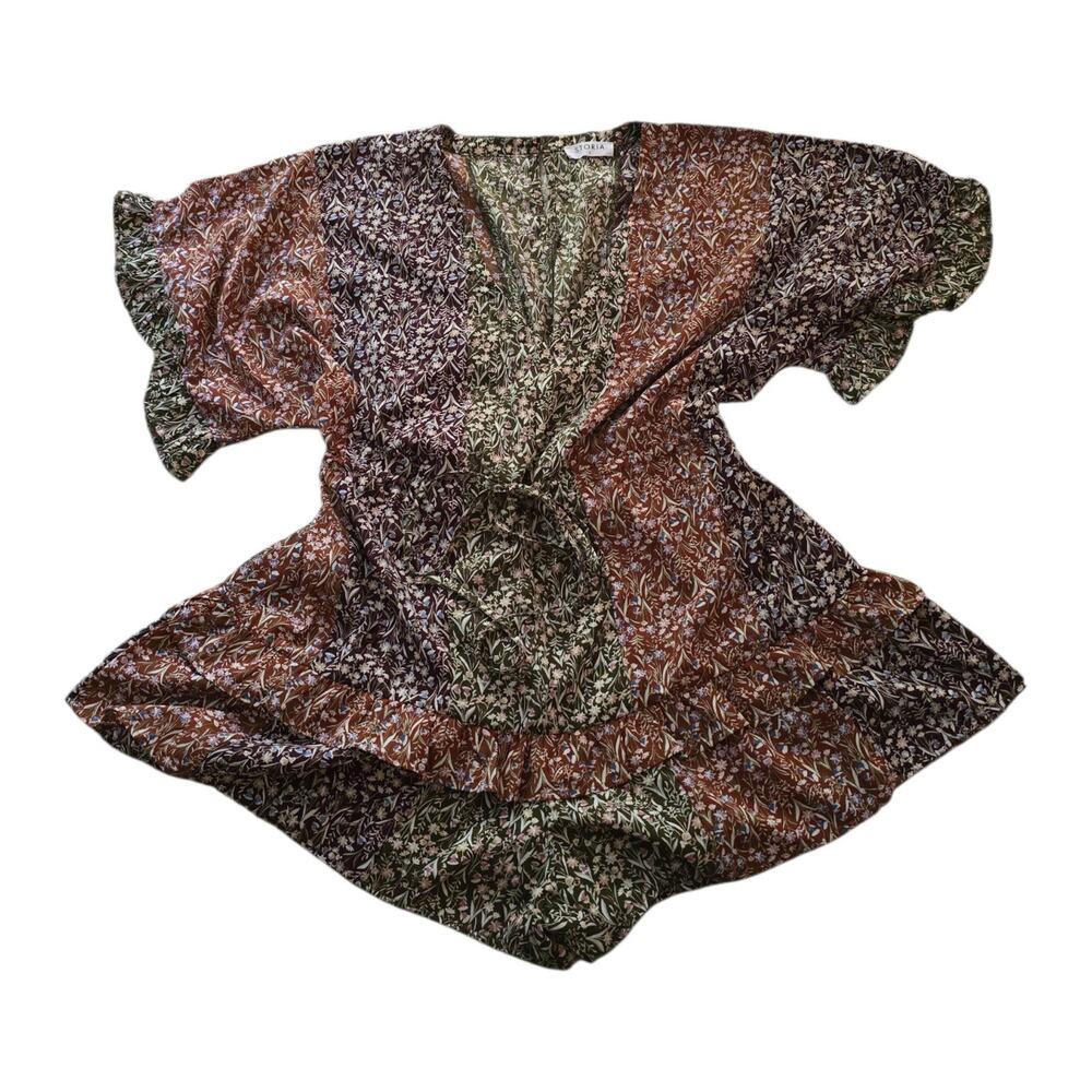 STORIA Color Block Floral Romper Pastel Rust Orange Brown Flowers SZ Small